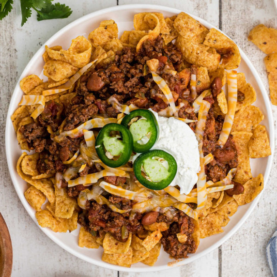 Overhead shot of a plate of crockpot frito pie.
