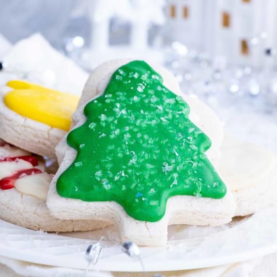 Cut-Out Sugar Cookies RECIPE in the shape of a Christmas Tree.