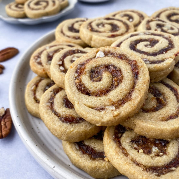 Close up on a plate of date swirl cookies