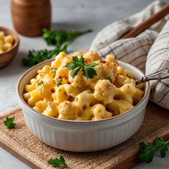 Keto cauliflower mac and cheese arranged in a white casserole dish on a white countertop. 