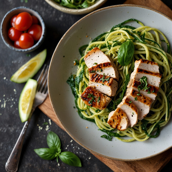 Keto Zucchini Noodles with pesto, grilled chicken, Parmesan, and basil on wooden tabletop.