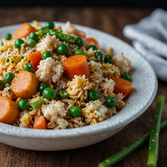 A bowl of vibrant cauliflower fried rice with finely riced cauliflower, colorful diced vegetables, s