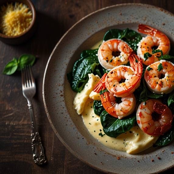 Keto Creamy Garlic Butter Tuscan Shrimp plated elegantly on a white ceramic dish garnished with fres