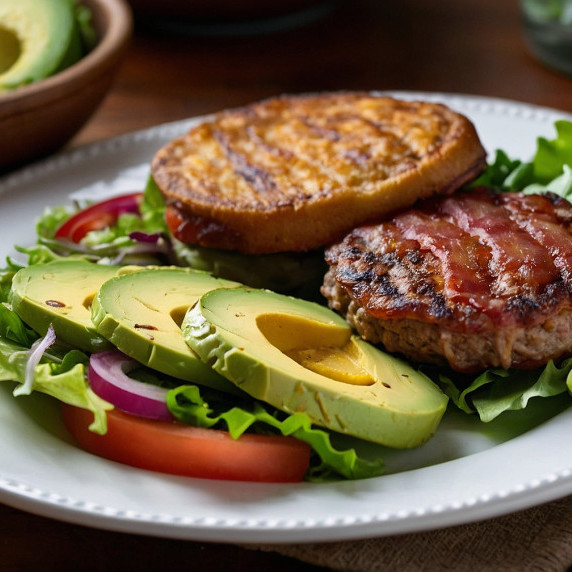 Keto Bacon Avocado Cheeseburger: Low-Carb Bliss with Side Salad Delight!