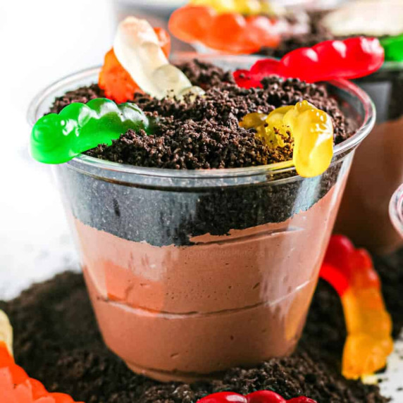Chocolate pudding in a clear cup layered with cookie crumbs and gummy worms to look like dirt.