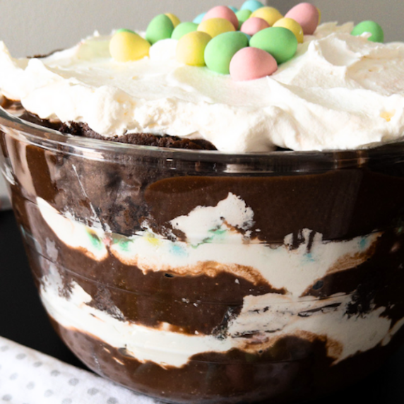 Chocolate Easter trifle topped with cadbury mini eggs.
