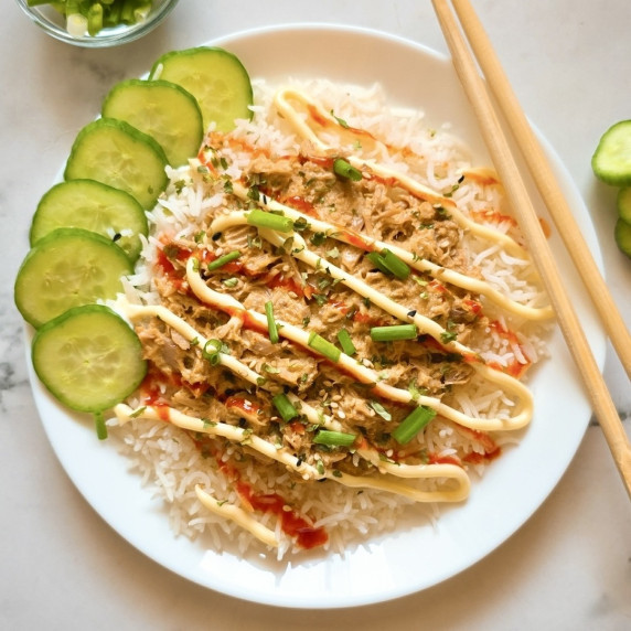 Rice and Tuna Recipe served over a white plate.