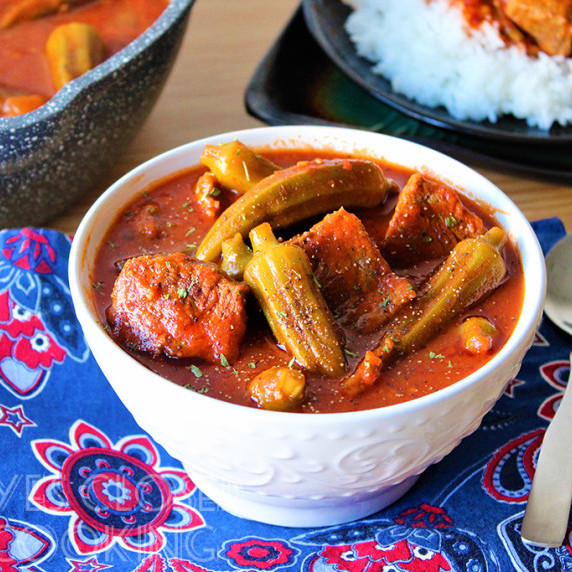 Egyptian Beef & Okra Stew in a white bowl 