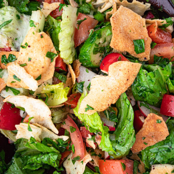 Top view of bowl of Fattoush salad.