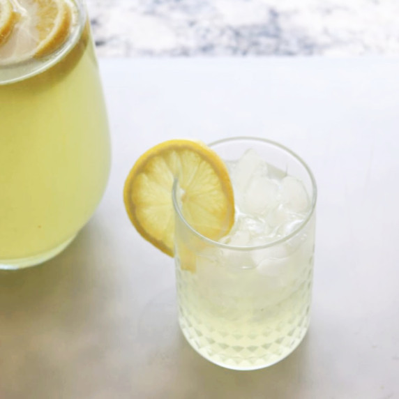 A glass of freshly squeezed homemade lemonade.