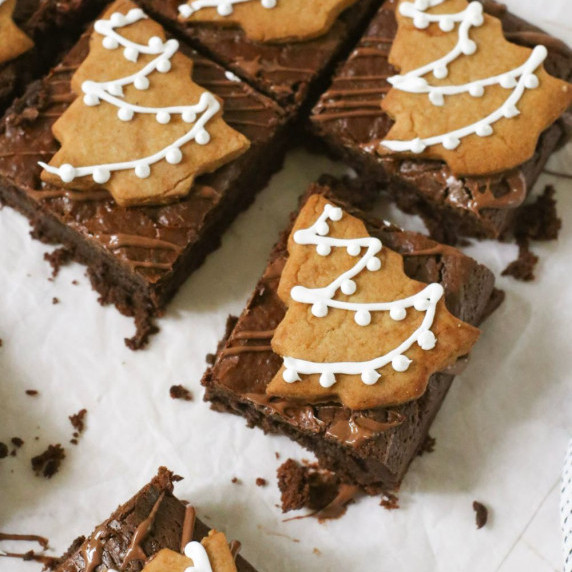 A top down view of some gingerbread brownies on a white background