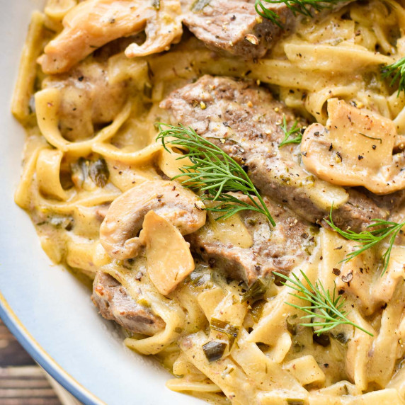 one-pot gluten-free beef stroganoff in a bowl.