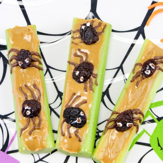 Celery sticks topped with peanut butter and raisins decorate with chocolate to look like spiders.