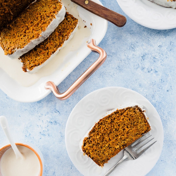 Top view of a carrot bread on a platter.