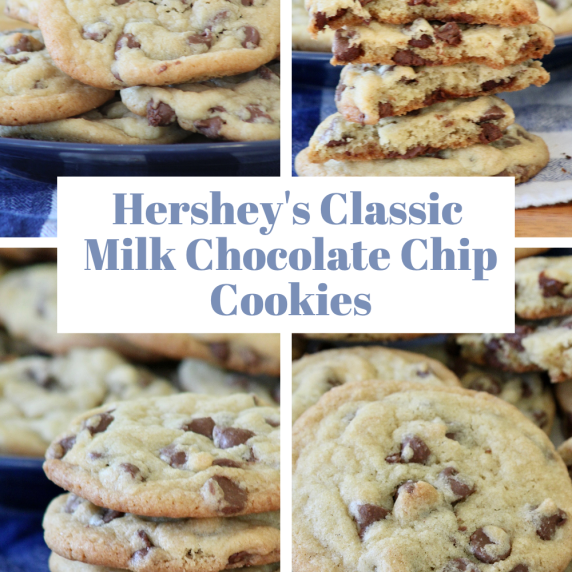 Hershey's Classic Milk Chocolate Chip Cookies on a blue plate.  