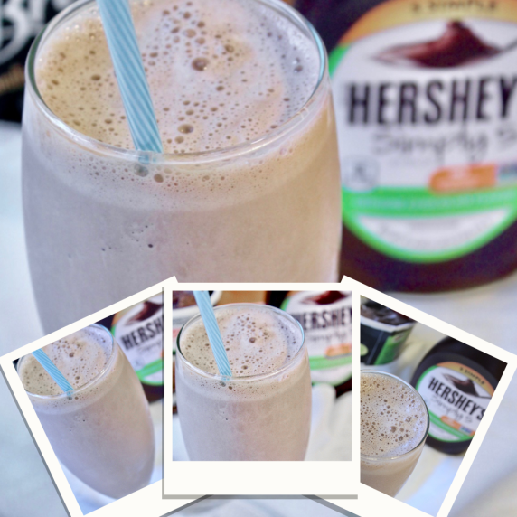 Hershey's Chocolate Milkshake with a blue straw.  