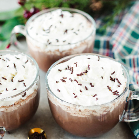 homemade creamy hot chocolate in glass mugs with whipped cream and sprinkles.