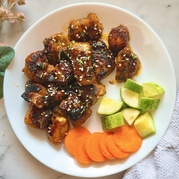 Honey Butter Salmon Bites Recipe served over a plate.