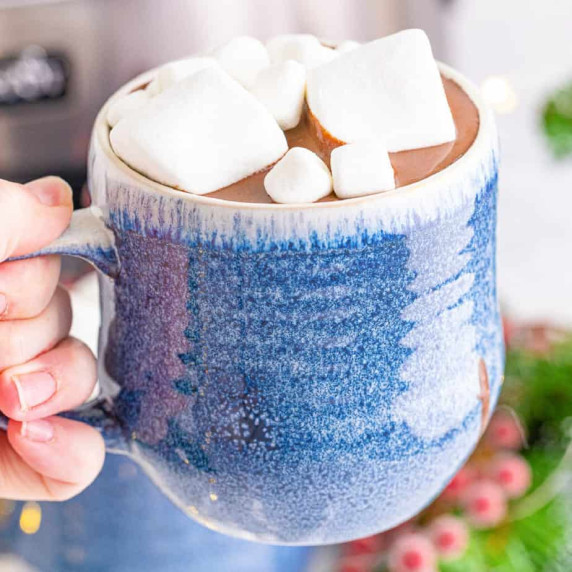 Mug of hot chocolate with marshmallows up close being held by a hand.