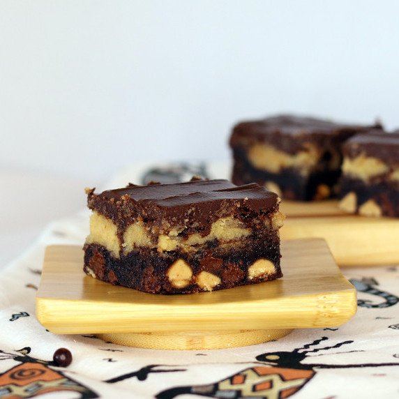 Lucifer's Molten Brownies on wooden plates against a white background