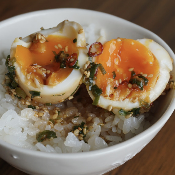 A dish of soft-boiled eggs marinated in a sauce made from soy sauce