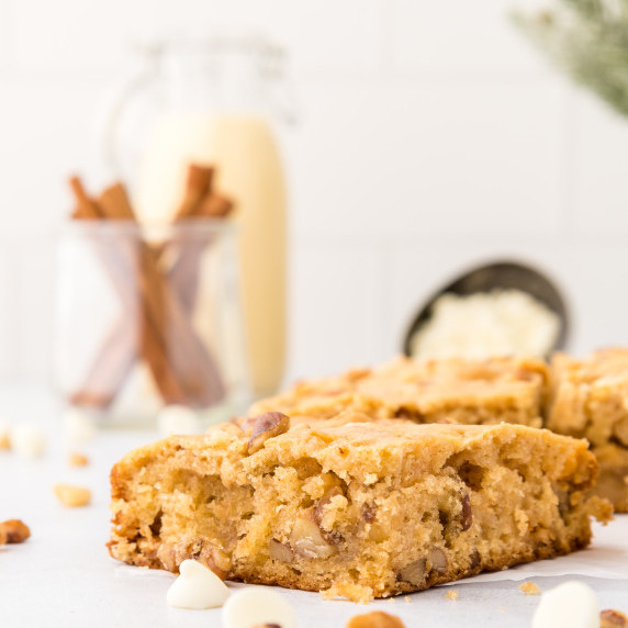 eggnog blondies with white chocolate chips and walnuts