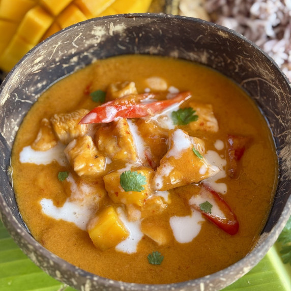 Thai mango curry in a creamy red curry sauce.