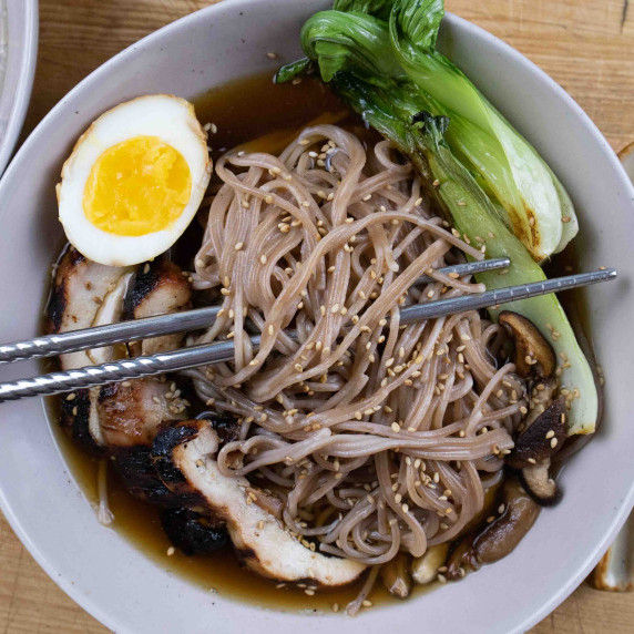bowl of homemade ramen with shoyu broth and gluten free noodles
