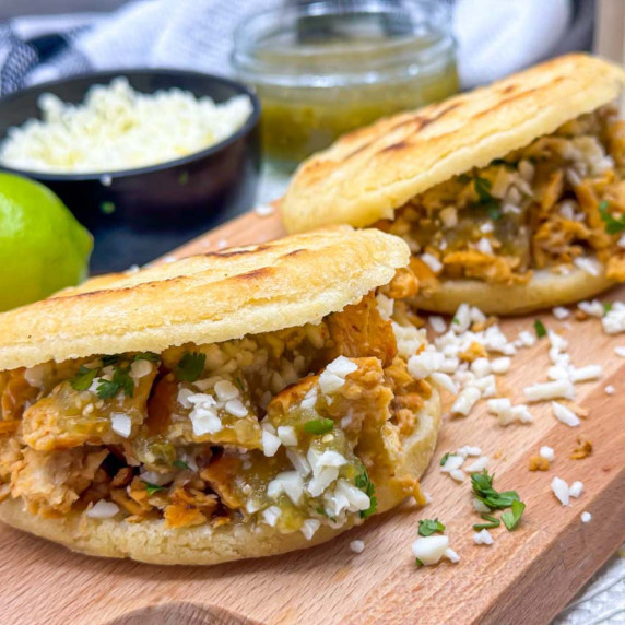 Vegan arepas with mexican style shredded chicken