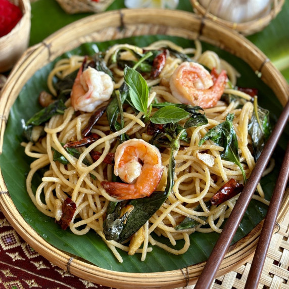 Thai basil pasta and shrimp.