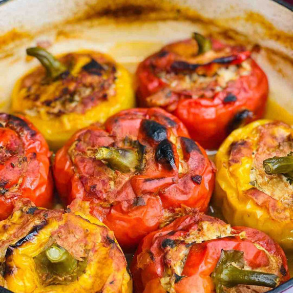 Easy Stuffed Bell Peppers In a red pan 