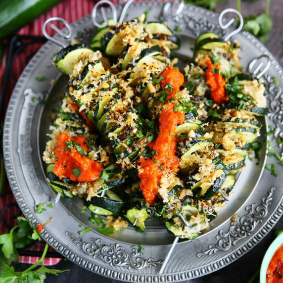 Parmesan Zucchini Spiral Skewers with Romesco Sauce