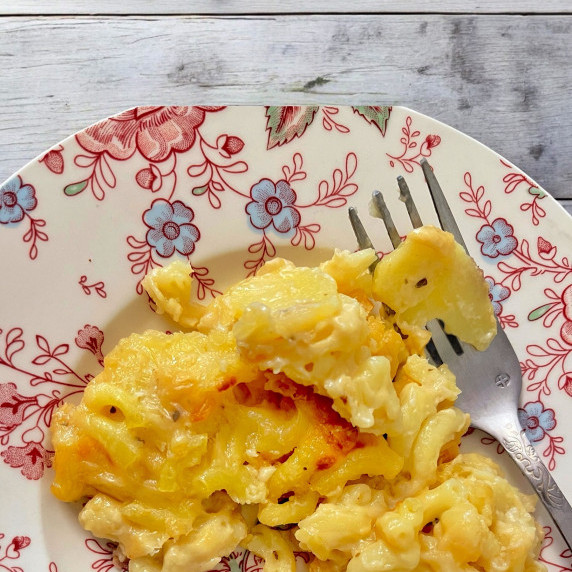 Baked potato mac n cheese arranged in floral Plate placed on concrete marble top 