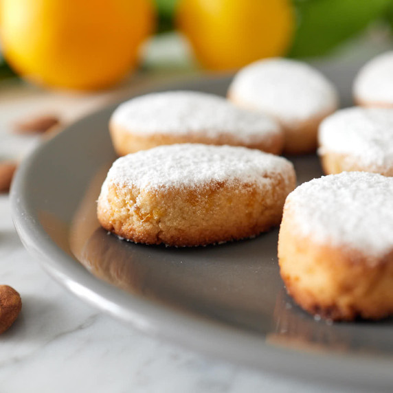 Golden oval shaped Itaian cookies dusted with keto powdered sweetener.