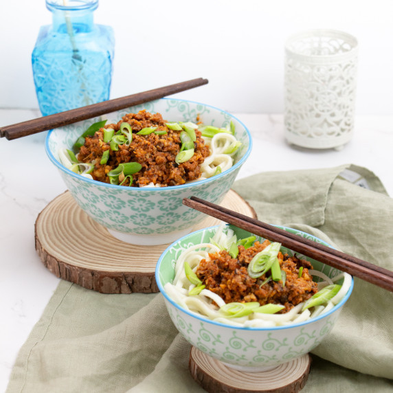 stir-fried pork and shiitake noodles