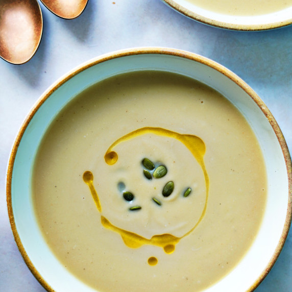 Creamy Vegan Cauliflower Soup enhanced with Miso, Nutritional Yeast, Pumpkin Seeds