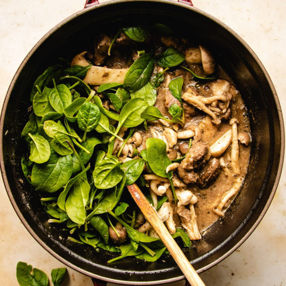 Lamb stew garnished with baby spinach in a brown bowl with a spoon
