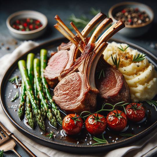 Rack of lamb with asparges, tomato and mash - seasoned with rosemary