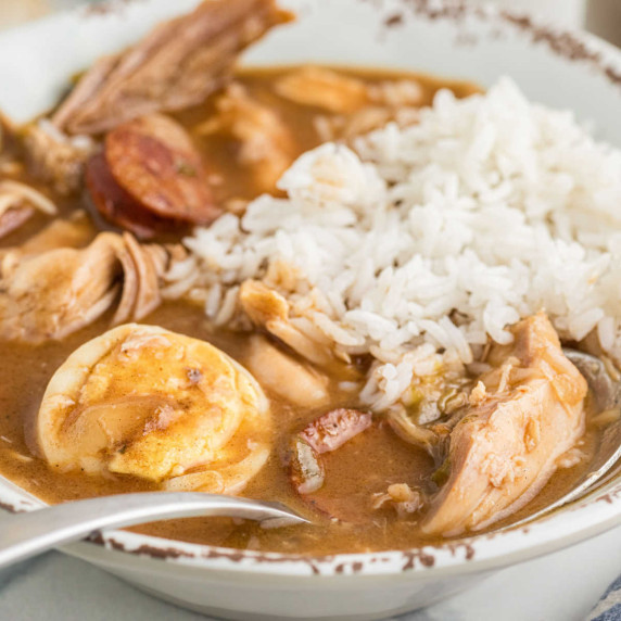 Close up of some leftover turkey and andouille gumbo.