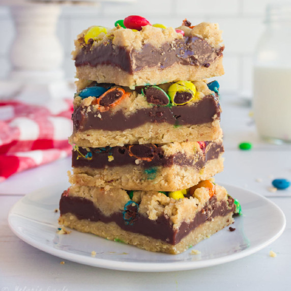 A stack of M&M chocolate oat bars.