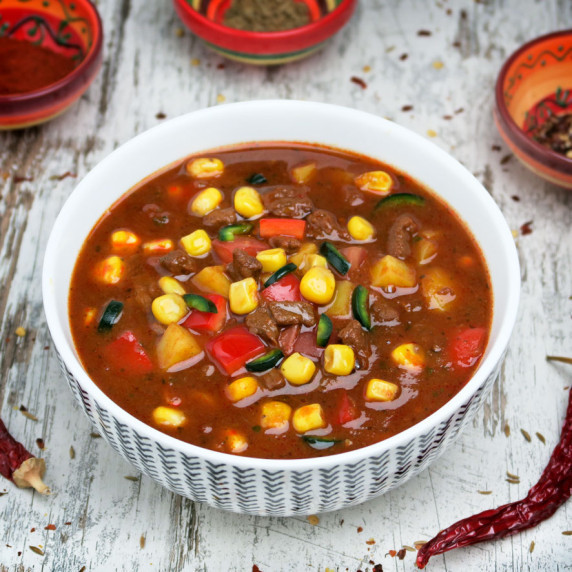 Spicy Mexican style tomato soup with tender beef and corn