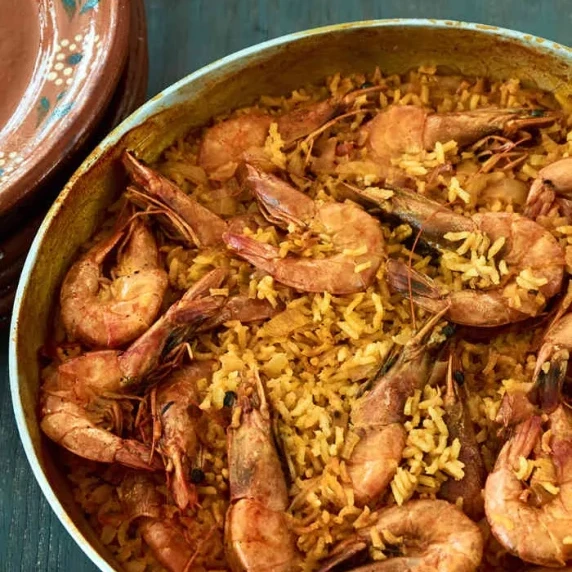 Curried rice with shrimp served in a bowl