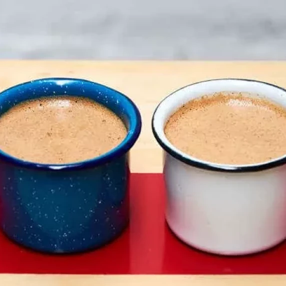 two hot chocolate in blue and white cup