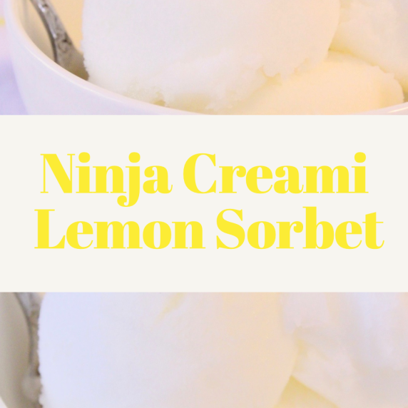 Ninja Creami Lemon Sorbet in a white bowl on a yellow and white table cloth.  