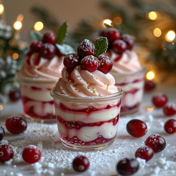 Swirls of greek yogurt and fresh cranberry sauce into a mousse desert