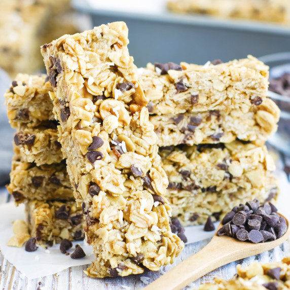 No-Bake Peanut Butter Granola Bars RECIPE stacked on top of each other. 