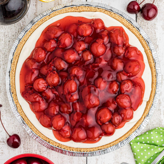 Overhead view of a no bake cherry pie.