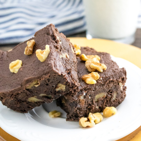 Two nutty chocolate walnut brownies on a plate