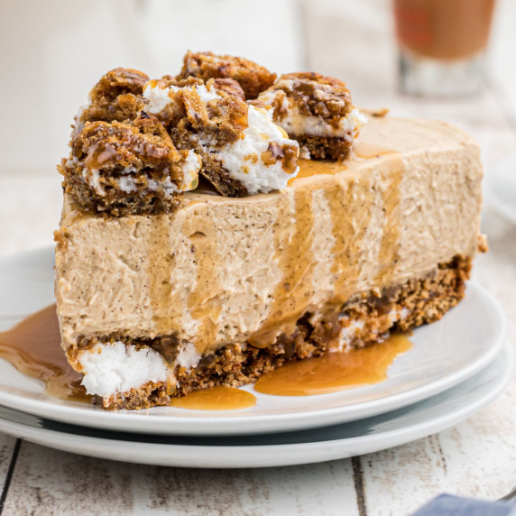 A slice of little debbie oatmeal creme pie cheesecake.