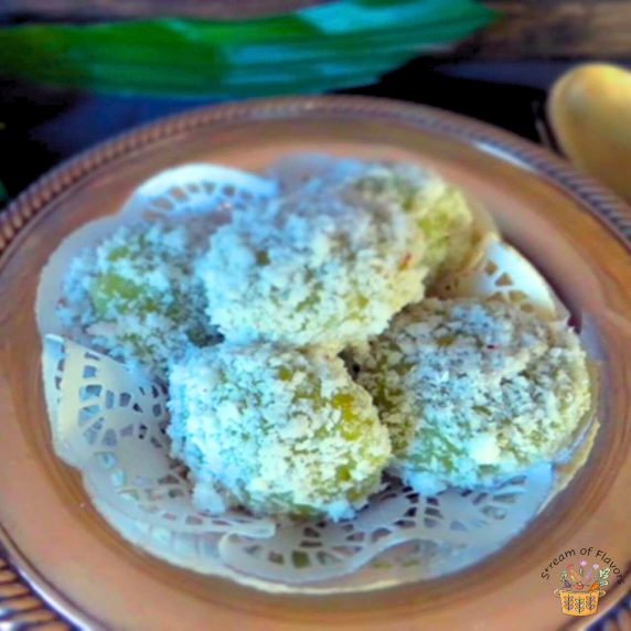 Ondeh-Ondeh Recipe with glutinous rice flour, pandan leaf juice, coconut palm sugar, grated coconut